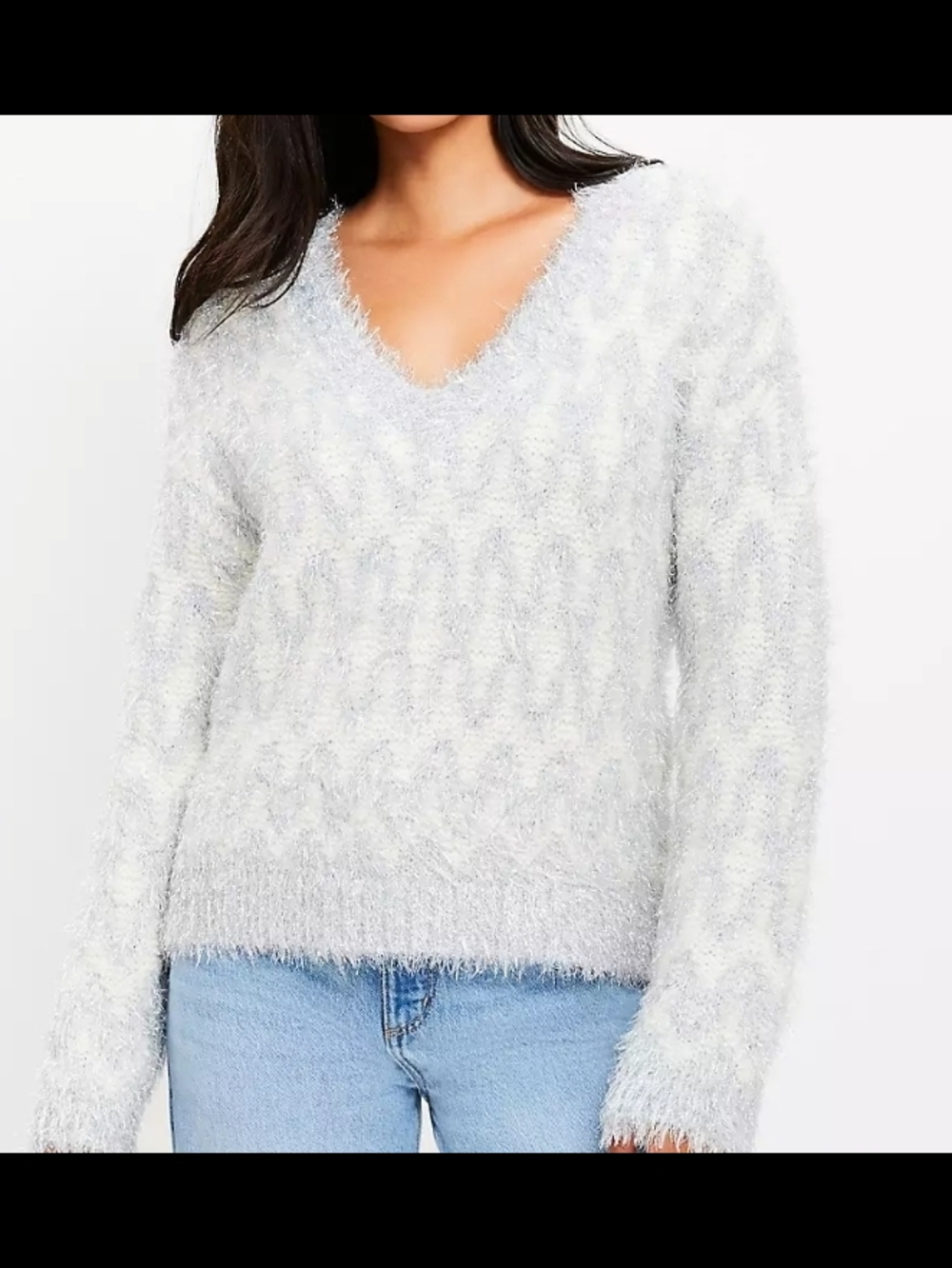 Loft Cozy V-Neck Fuzzy Cable Knit Sweater - Light Gray White Light Blue NWT